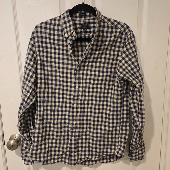 J Crew Flex Washed Gingham Shirt Button Down Slim Fit Tan Blue M - Picture 1 of 4